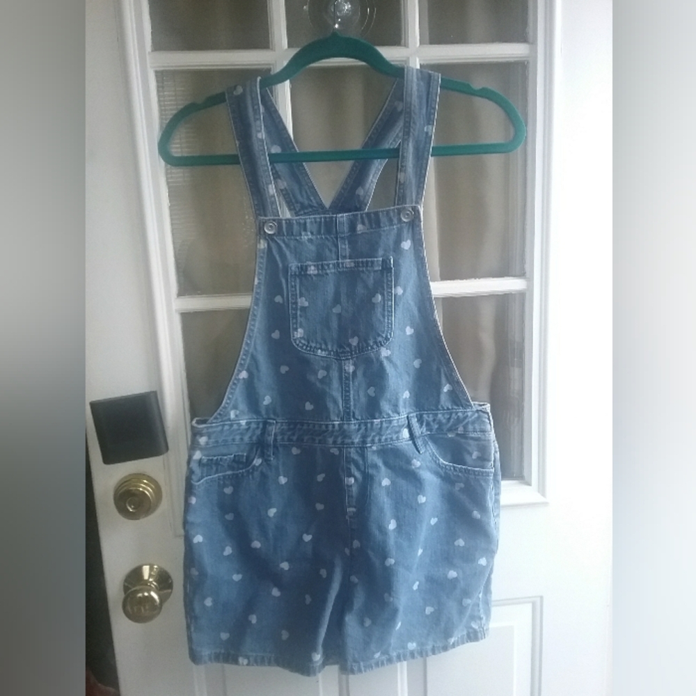 Children's Place Girls Denim Heart Pattern Shorts Overalls - 16 (Kids)  NWT